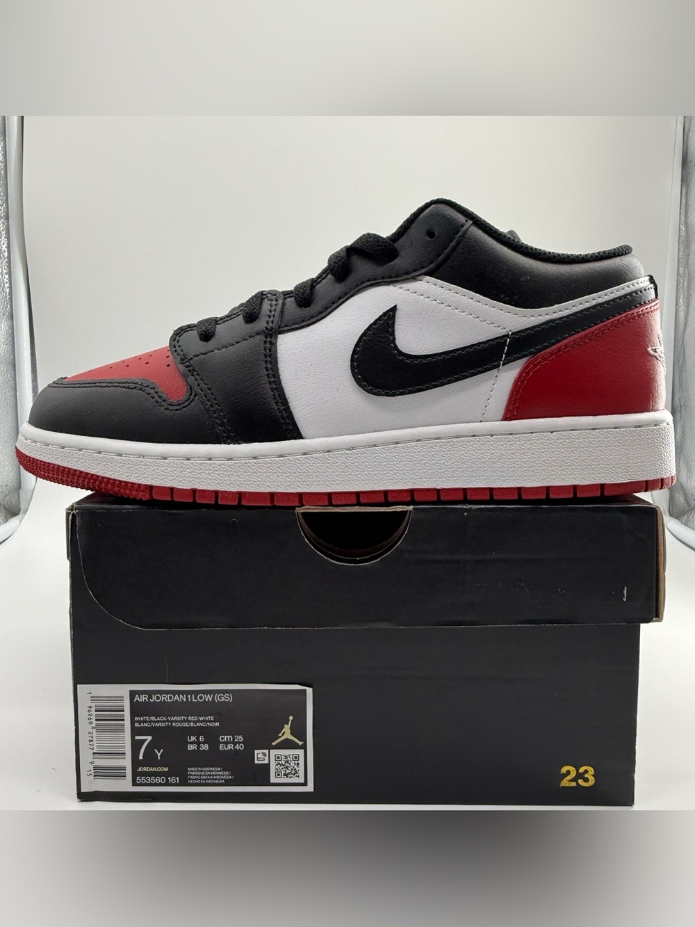 Air Jordan 1 Low Bred Toe 2.0 GS 7Y Black Red White New With Box